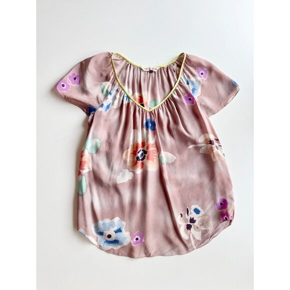 REBECCA TAYLOR Mauve Floral Print Silk Crepe V-Neck Blouse Top, Size 0 - Picture 5 of 11